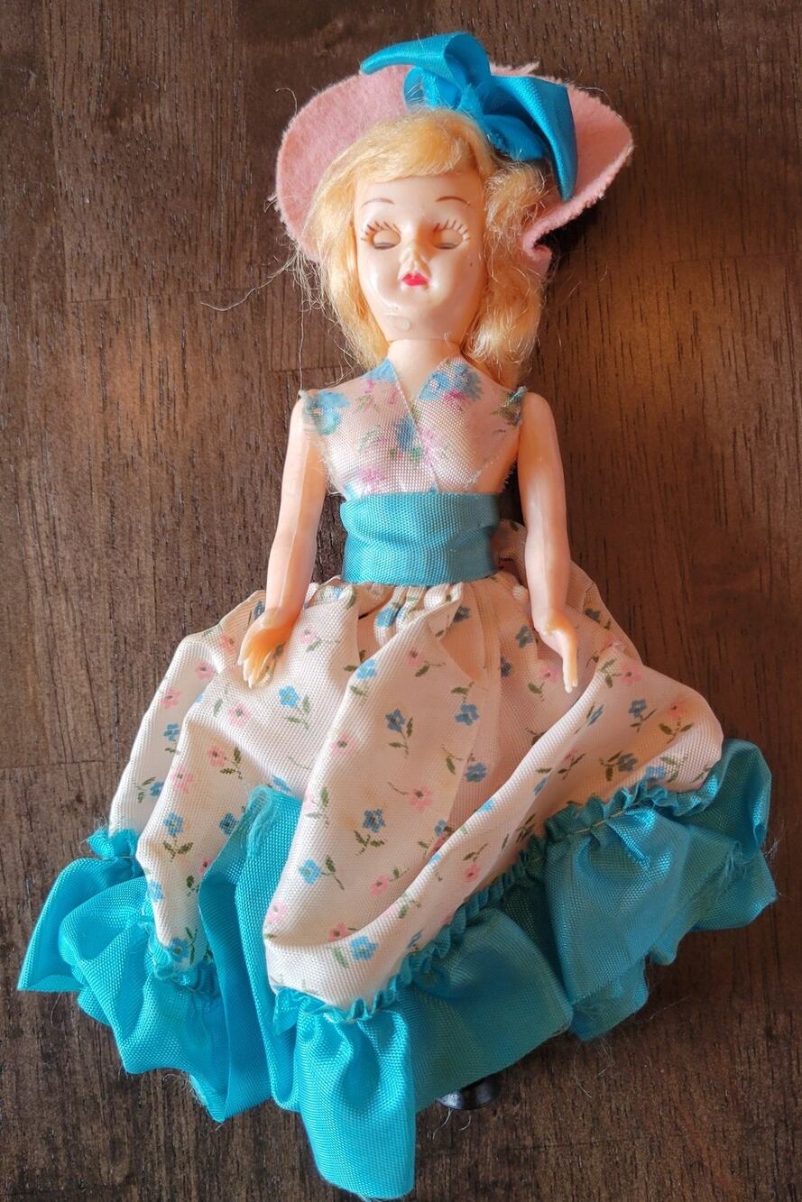 1950s Sleepy Eye Southern Belle Hard Plastic Doll 7" Blue Floral Dress Pink Hat